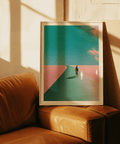 Living room display of Surreal Cycling Art Print wall art featuring cyclist on curving roadway