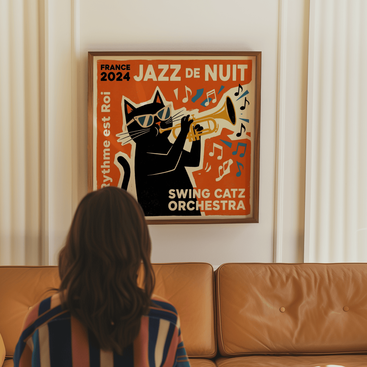 Jazz Cat Art Print, primary colors Orange, Black, Yellow for home