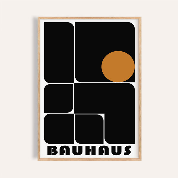 Office artwork prints featuring bold black and orange Bauhaus shapes