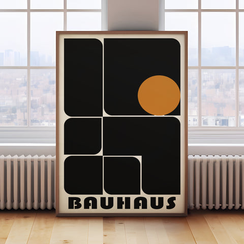 Abstract geometric art print inspired by Bauhaus design with black and orange tones