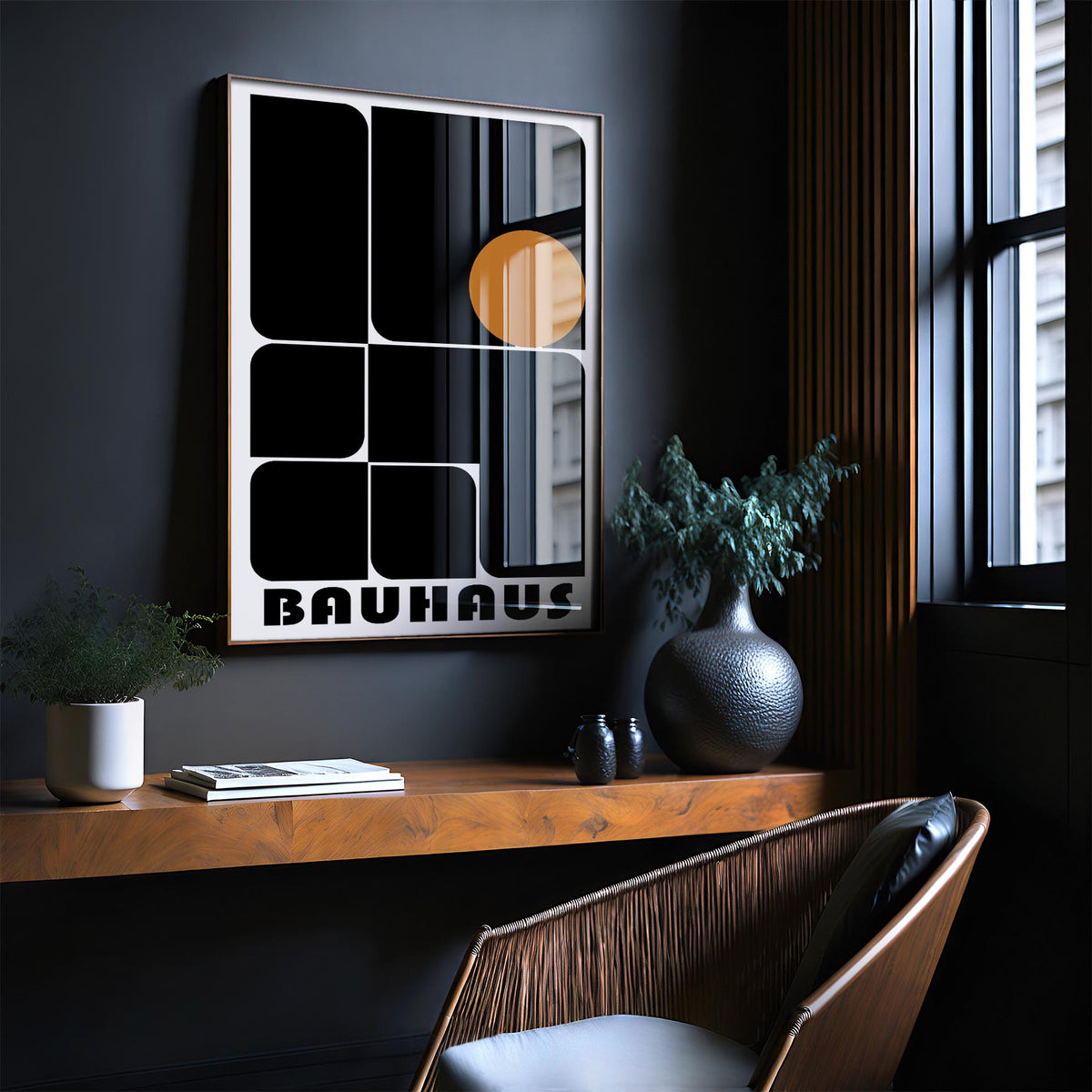 Warm orange accent detail in black and white office artwork prints