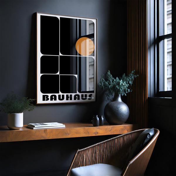 Warm orange accent detail in black and white office artwork prints