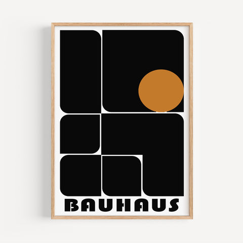 Abstract geometric art print inspired by Bauhaus design with black and orange tones