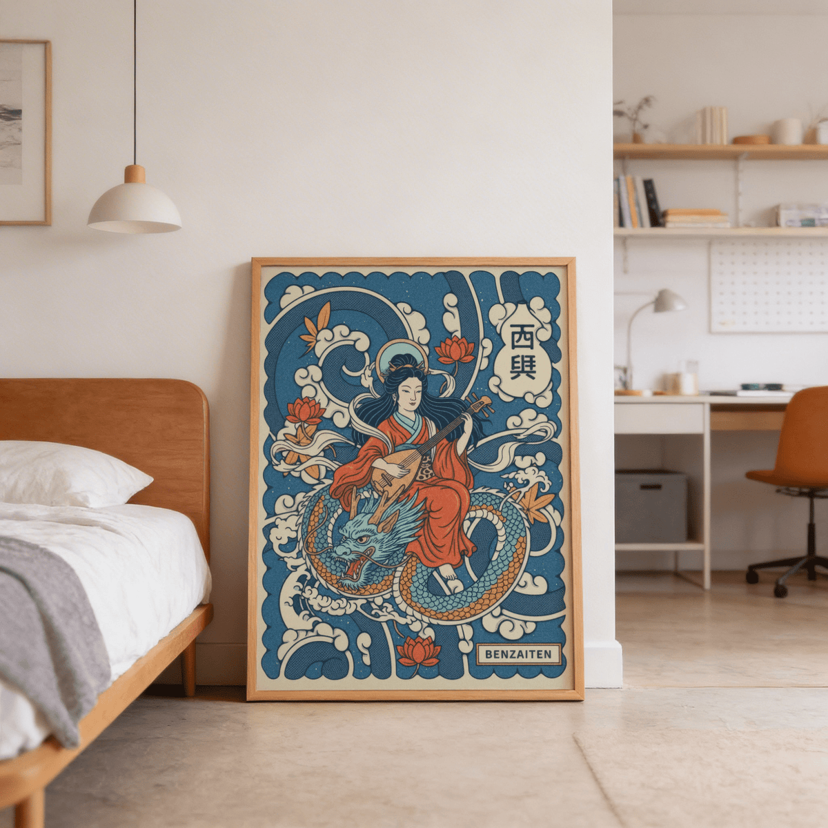 Wall print highlighting a lute-holding goddess framed by curling cloud forms
