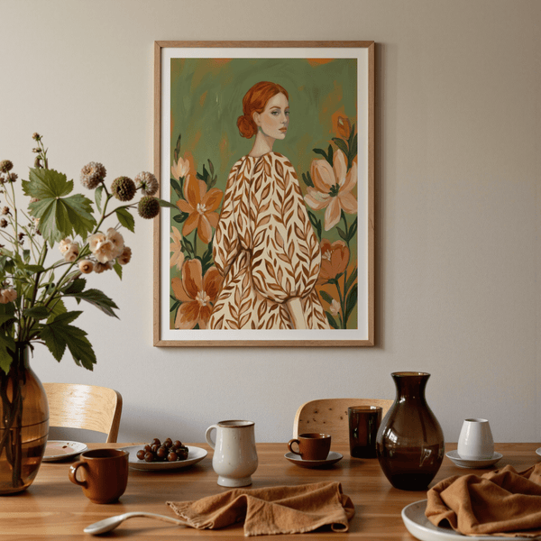 Floral Girl Illustration art print, elegant botanical wall art for boho bedrooms