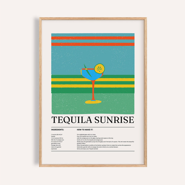 Tequila wall art print with retro Tequila Sunrise cocktail illustration

