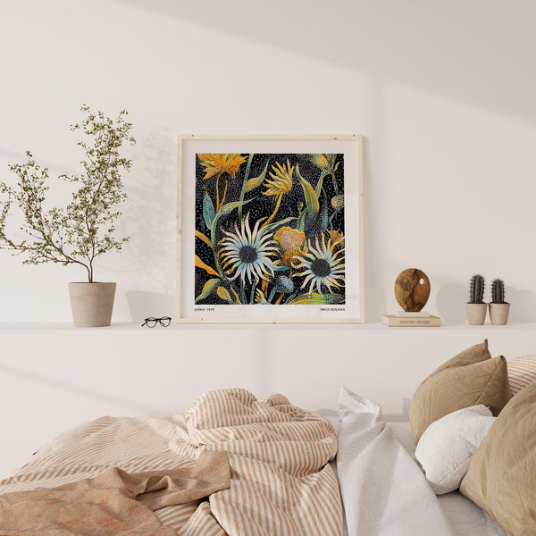 Japanese floral design in square format featuring stylized blooms and green stems.