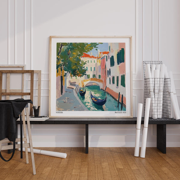 Italian cityscape in Venice Wall Art style with teal water and soft coral facades.