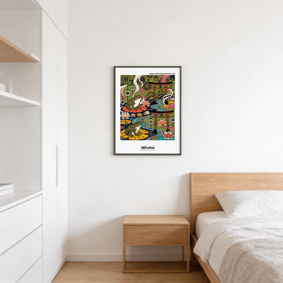 Capturing a stylized shrine landscape, frog poster print with layered shapes and ornate patterns