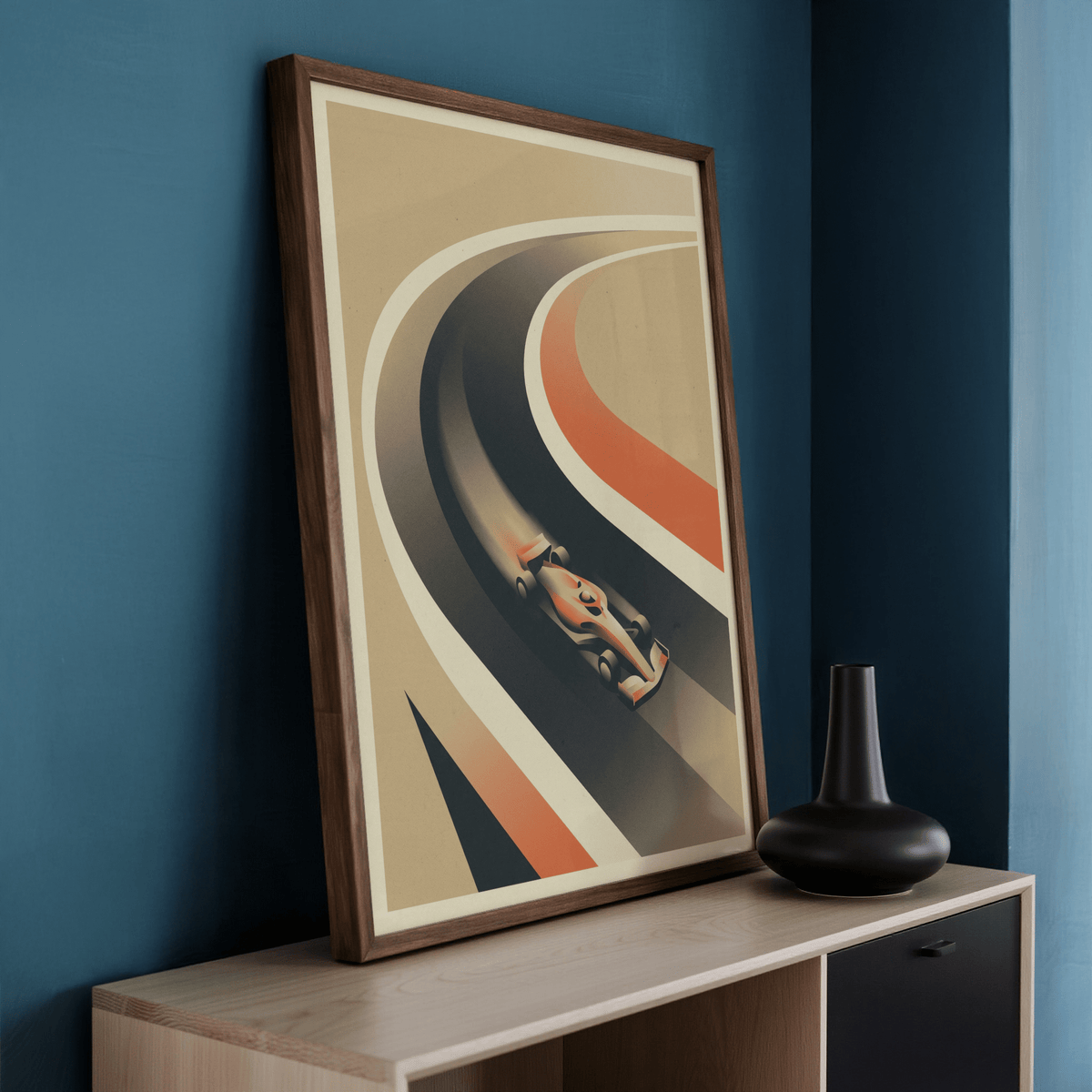 Vintage Race Car Poster showing high-angle view of racing line