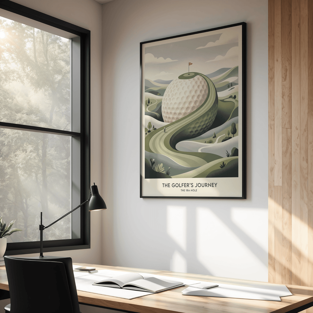 Golfing Landscape Poster print illustrating rolling hills, trees, and curving course