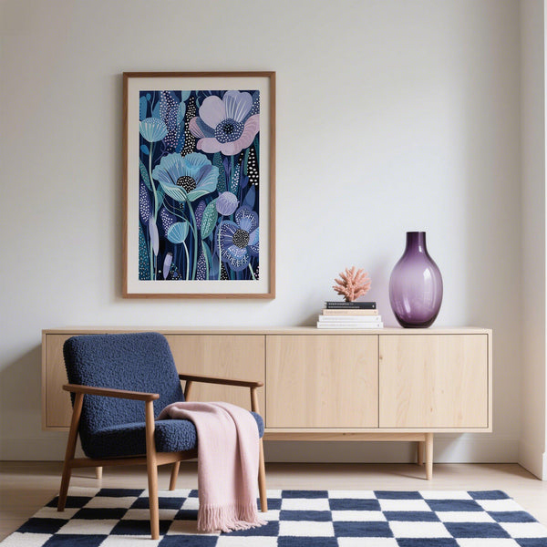 Modern Blue and Purple Art print with Japanese-inspired floral design.