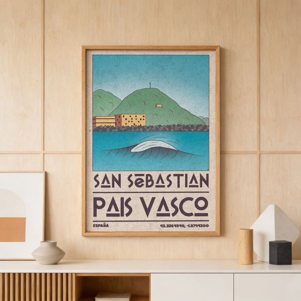 Framed Pais Vasco Print with graphic coastal scene in green blue beige palette