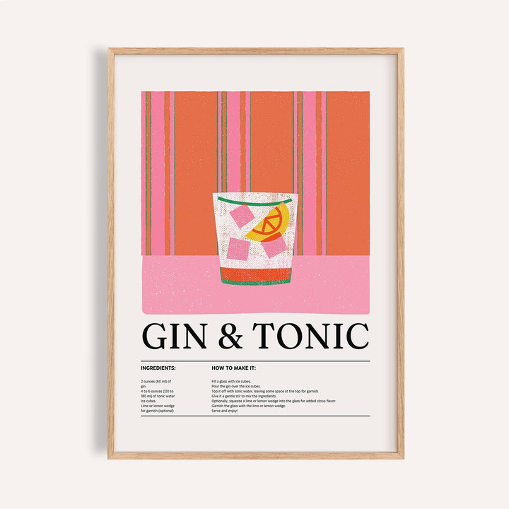 Retro kitchen art print with gin and tonic cocktail recipe and citrus slice.