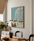 Blue Mountain Climbing Art Print suited for minimalist bedroom wall