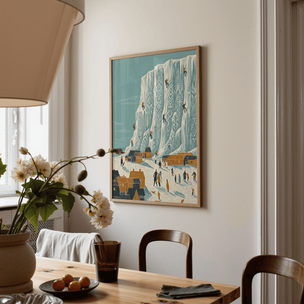 Blue Mountain Climbing Art Print suited for minimalist bedroom wall