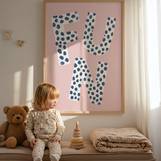 Hand-drawn letterform poster featuring FUN text in spotted pattern and soft pink backdrop
