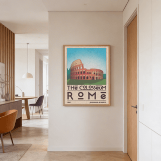 Colosseum Art Print with simplified landmark drawing, arched facade, and travel-poster layout