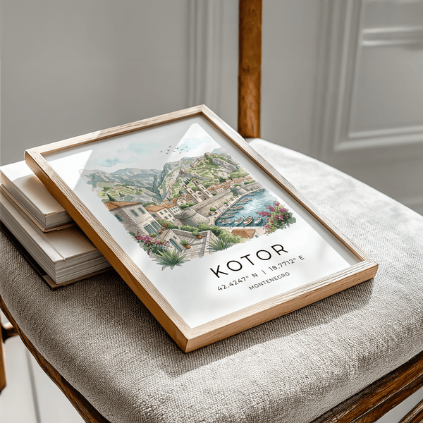 Kotor Landscape Art Print of bayfront promenade framed by flowering shrubs and steep limestone peaks