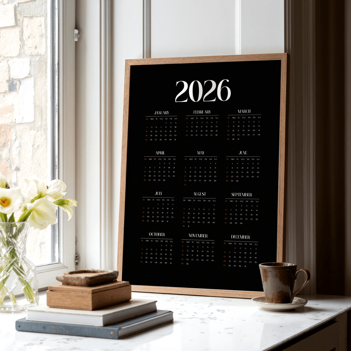 Modern Calendar Print Black and White wall art for kitchen