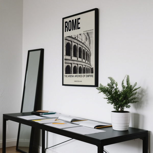 Framed-style Colosseum wall art print showing curved arches and vintage text layout