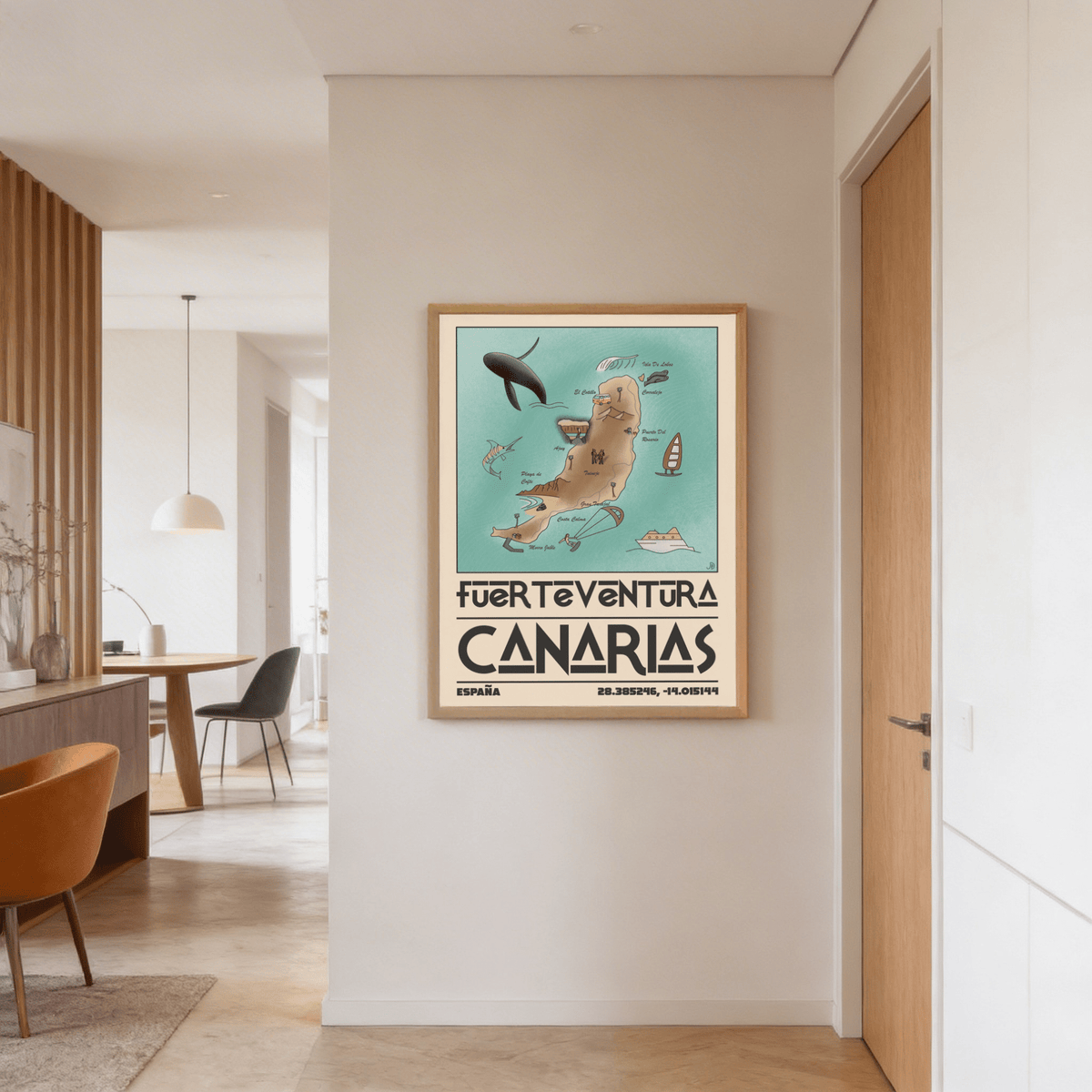 Straight-on product photo of Fuerteventura illustration with surrounding ocean negative space