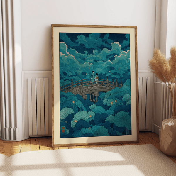 Layered lotus leaves and wooden bridge print, Japanese-inspired wall art