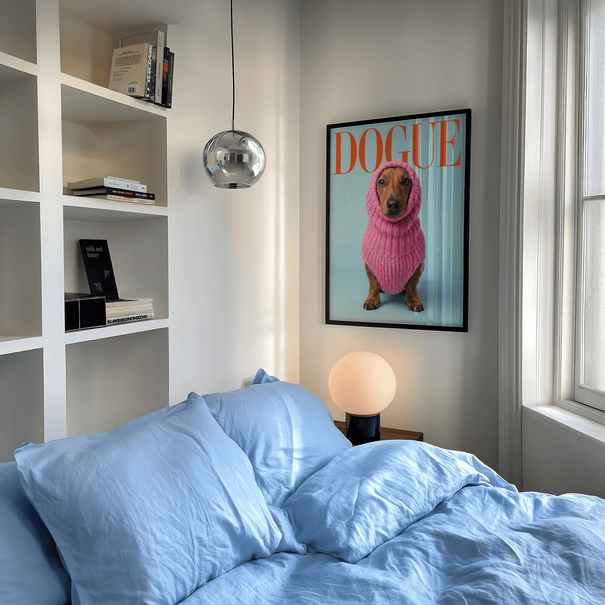 Funny Daschund Print in brown, blue, pink for stylish art print decor