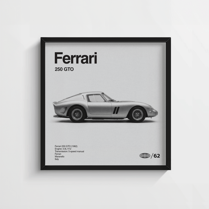 Classic Grand Tourer Poster in black frame showing silver vintage racing car side view on grey background