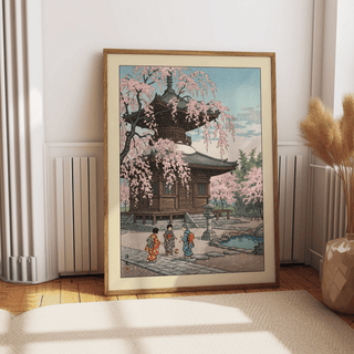 Close-up of temple pavilion roof under cherry blossom branches on a Japanese wall art print