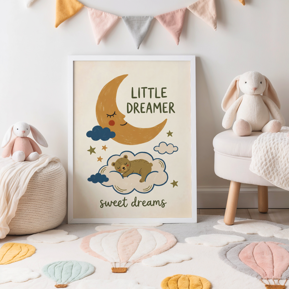 Illustrated moon, clouds, and stars poster for nursery decor with hand-lettered text