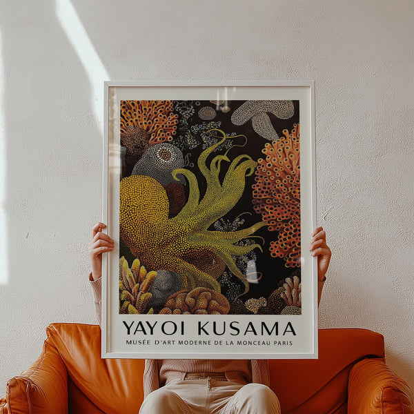 Abstract octopus wall art with swirling tentacles and coral formations.