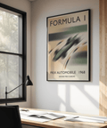 Minimalist Formula 1 Art Print featuring speeding car silhouette and wheel shapes