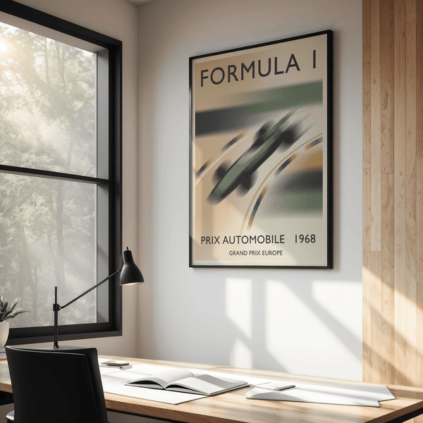 Minimalist Formula 1 Art Print featuring speeding car silhouette and wheel shapes