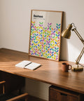 A colorful Bauhaus poster in a retro geometric style perfect for modern living rooms or studios.
