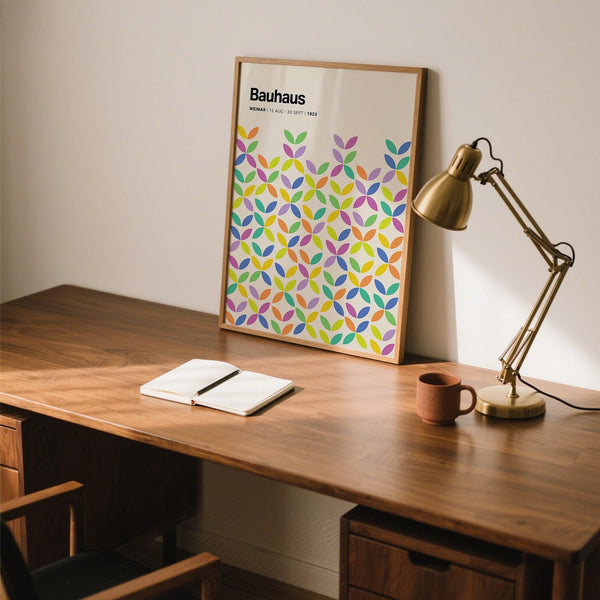 A colorful Bauhaus poster in a retro geometric style perfect for modern living rooms or studios.