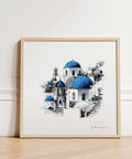 Santorini wall art square print with blue domes and whitewashed buildings