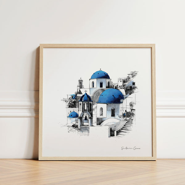 Santorini wall art square print with blue domes and whitewashed buildings