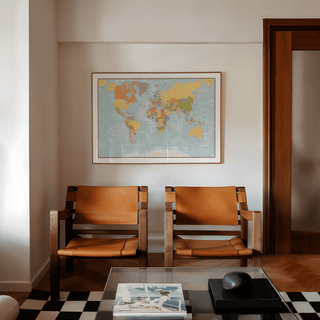 Detailed World Map Print in Green and Yellow tones for hallway decor