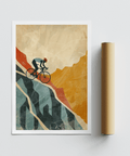 Minimal cyclist silhouette print with overlapping mountain shapes and grain