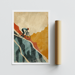 Minimal cyclist silhouette print with overlapping mountain shapes and grain