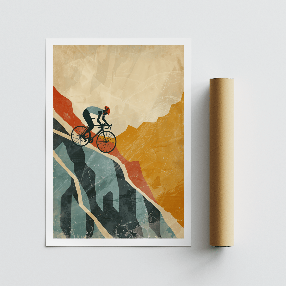 Minimal cyclist silhouette print with overlapping mountain shapes and grain