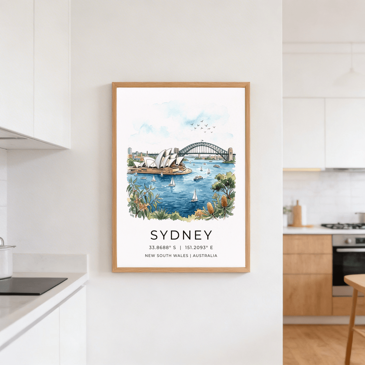 Travel poster style skyline with Harbour Bridge set against open pastel sky