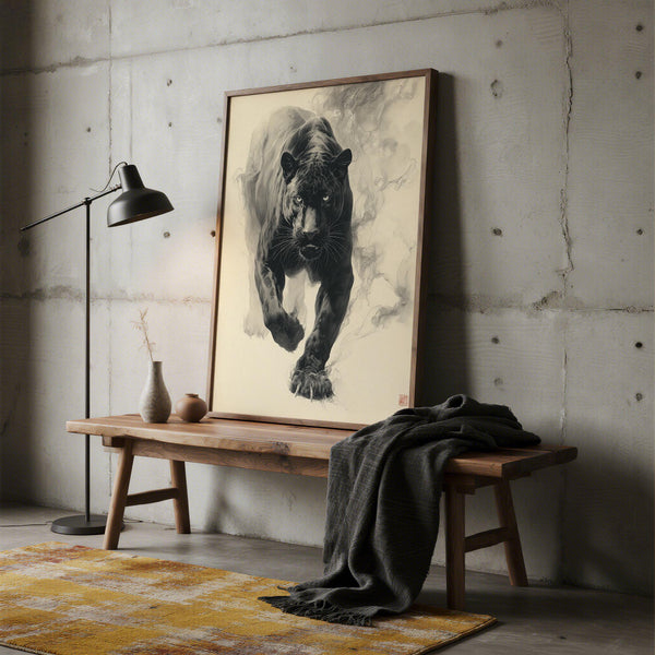 Black panther depicted in traditional Japanese ink art style.