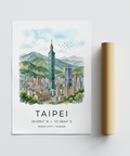 Travel wall art poster of Taipei with central skyscraper and foreground treetops