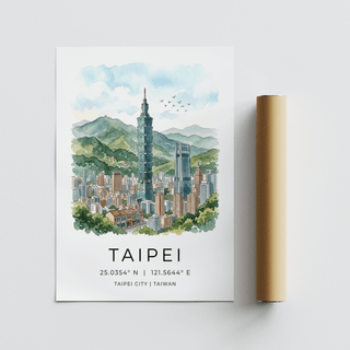 Travel wall art poster of Taipei with central skyscraper and foreground treetops