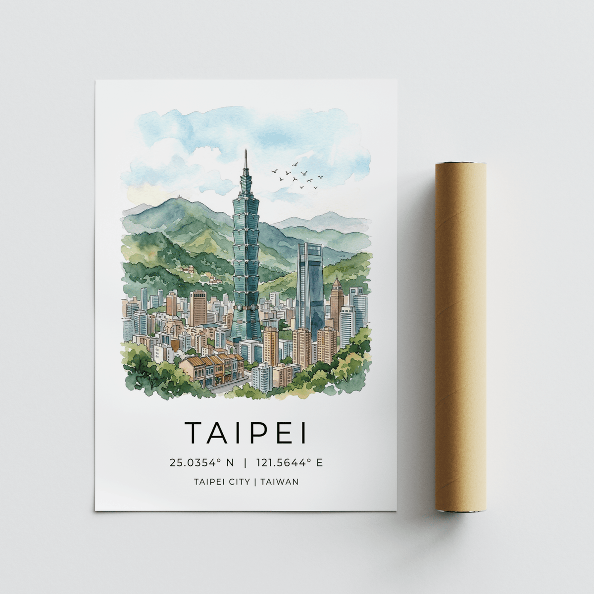 Travel wall art poster of Taipei with central skyscraper and foreground treetops