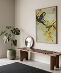 Owl and Ginkgo Print with Green foliage and Yellow tones for hallway wall art