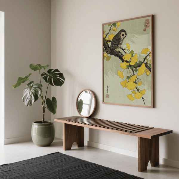 Owl and Ginkgo Print with Green foliage and Yellow tones for hallway wall art
