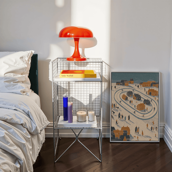 Winter Village Art Print in Blue, Orange, and Beige ideal for study room